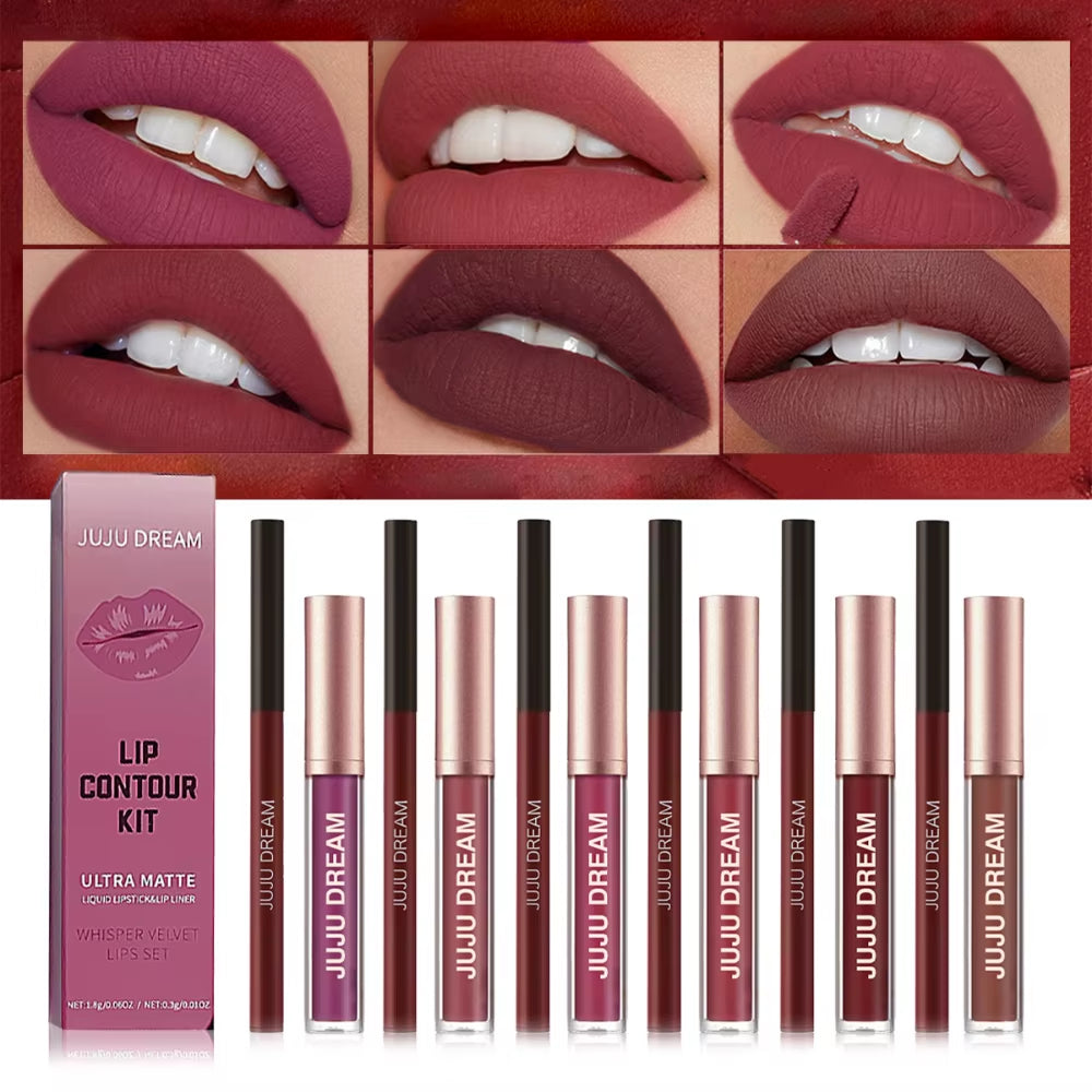 Matte Lip Liner & Lipstick Set, Waterproof Long-Lasting, Soft Matte Finish, Easy Apply, Xmas & Halloween Makeup, Unisex Safe