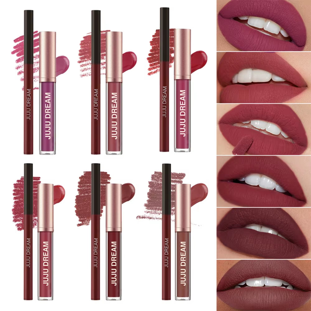 Matte Lip Liner & Lipstick Set, Waterproof Long-Lasting, Soft Matte Finish, Easy Apply, Xmas & Halloween Makeup, Unisex Safe